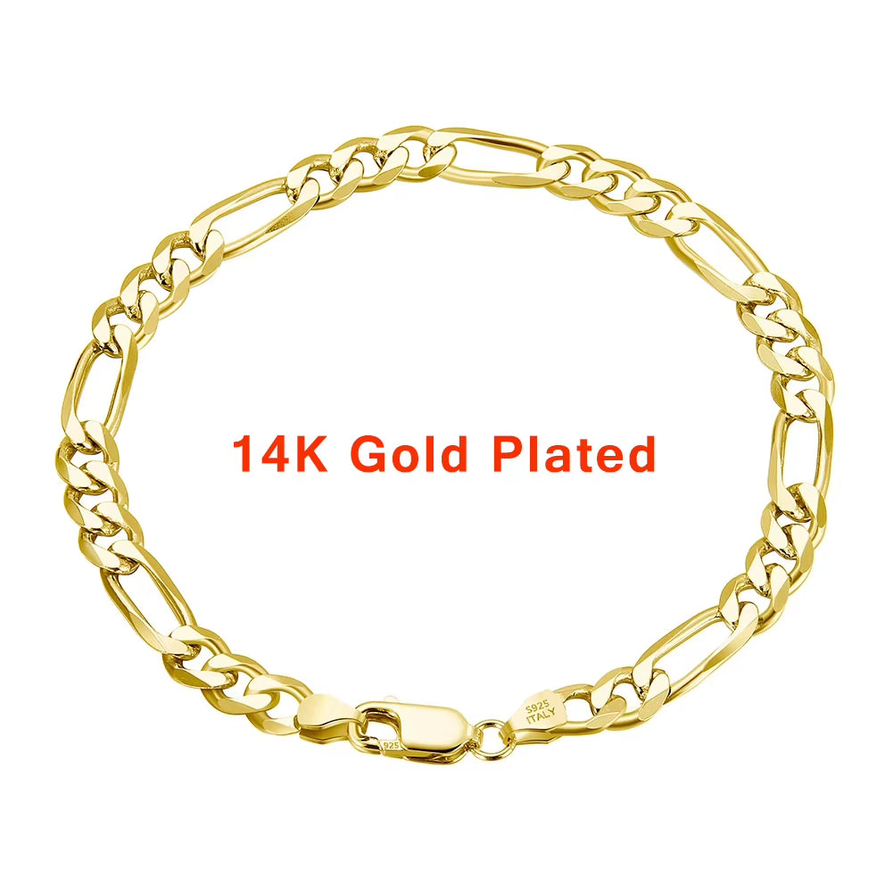 RINNTIN SB66 925 Sterling Silver Jewelry Figaro Chain Bracelet Multiple Width Chunky Bracelets Cuban Link Bracelet for Women Men