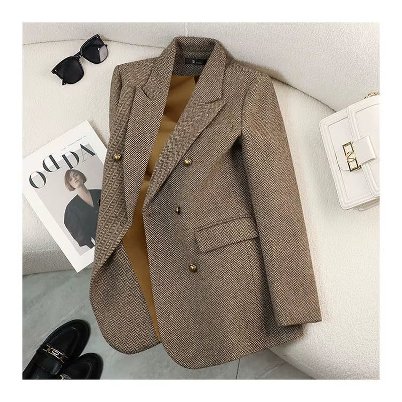 2025 New Arrivals Ladies Tuxedo Blazer Plaid Pattern Winter Coat Double Breasted Business Jacket Button Decoration Knitted Warm