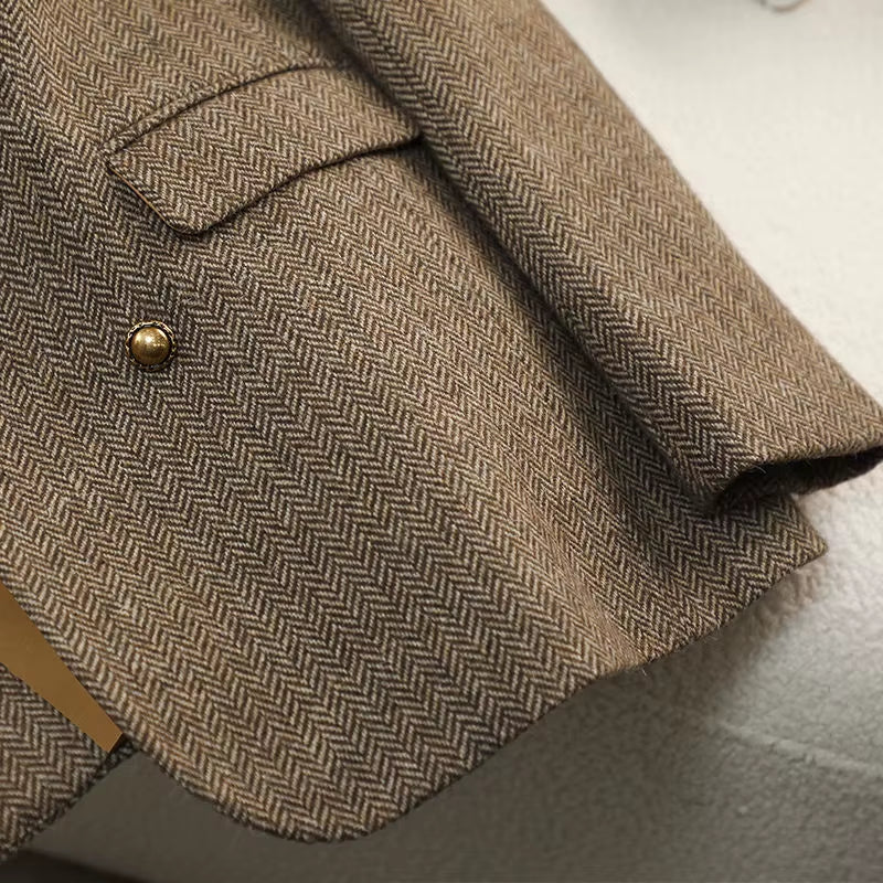 2025 New Arrivals Ladies Tuxedo Blazer Plaid Pattern Winter Coat Double Breasted Business Jacket Button Decoration Knitted Warm