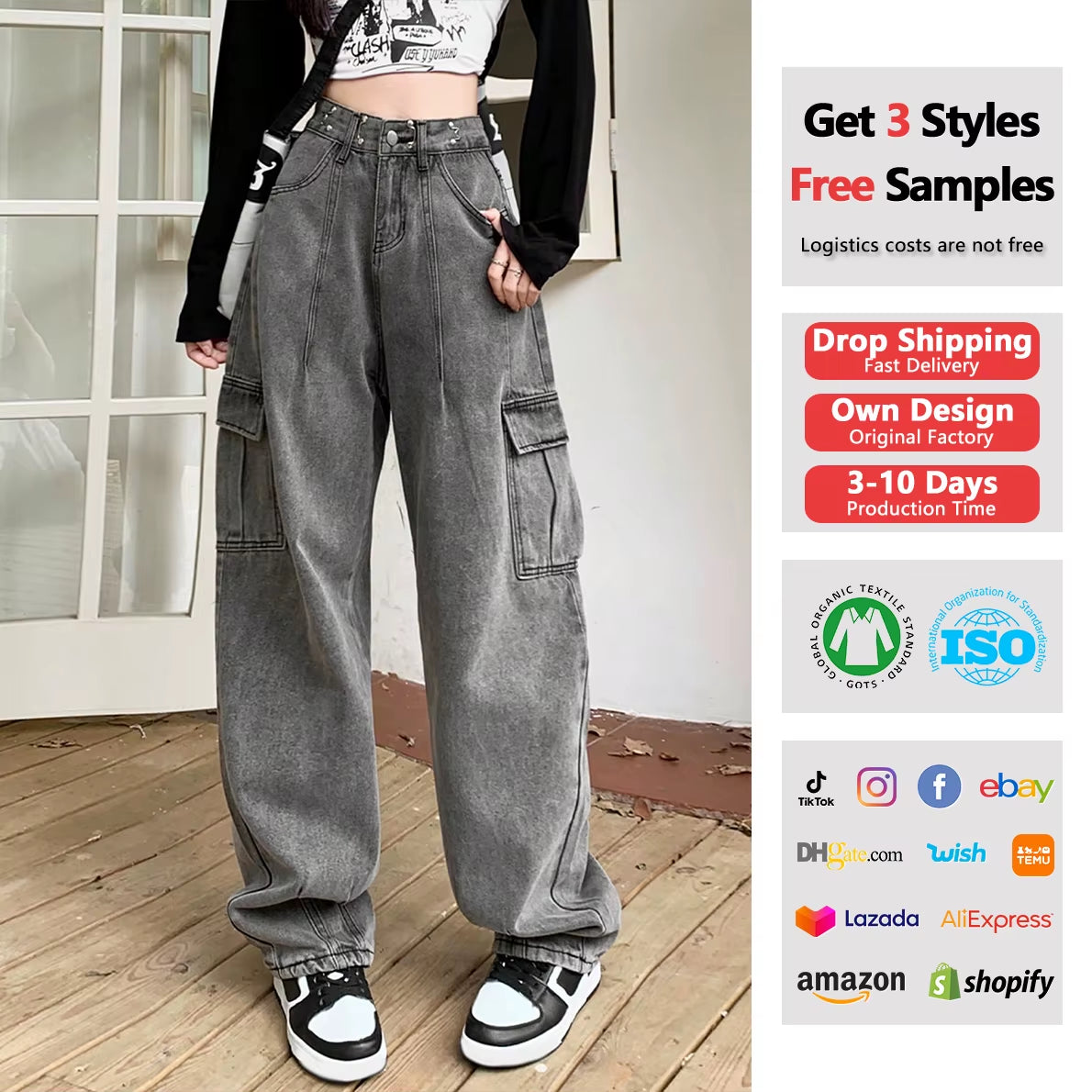 Women'S Mujer De Jean Femm Girls Wide Leg Pocket Barrel Streetwear Jeans Elastic Waist Baggy Pants Loose Cargo Denim Trousers