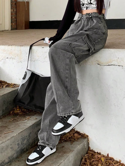 Women'S Mujer De Jean Femm Girls Wide Leg Pocket Barrel Streetwear Jeans Elastic Waist Baggy Pants Loose Cargo Denim Trousers