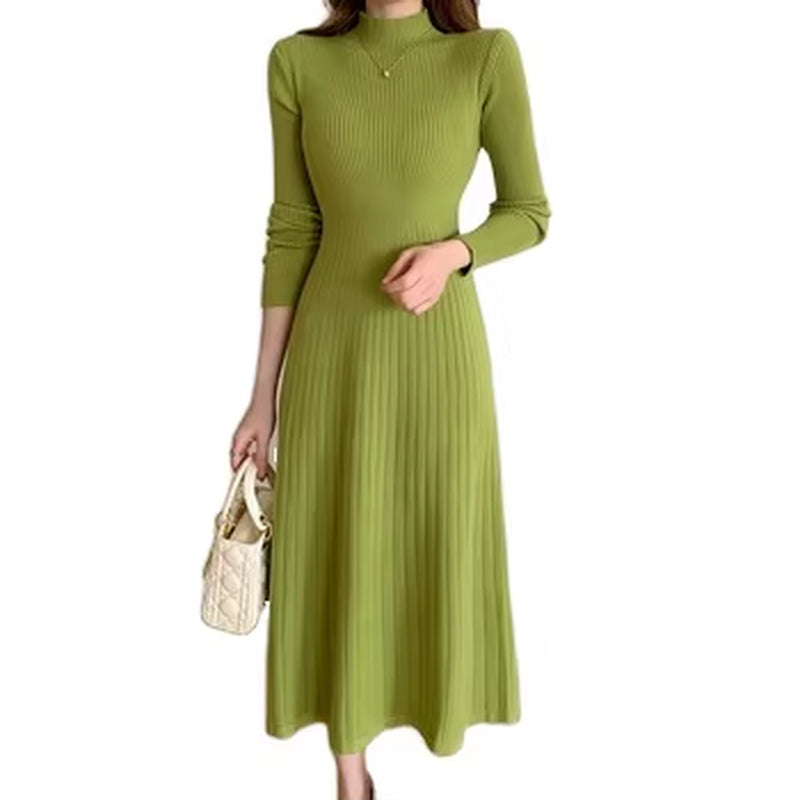 2025 Autumn Winter Mid Sweater Half High Collar A-Line Knitted Dress for Women
