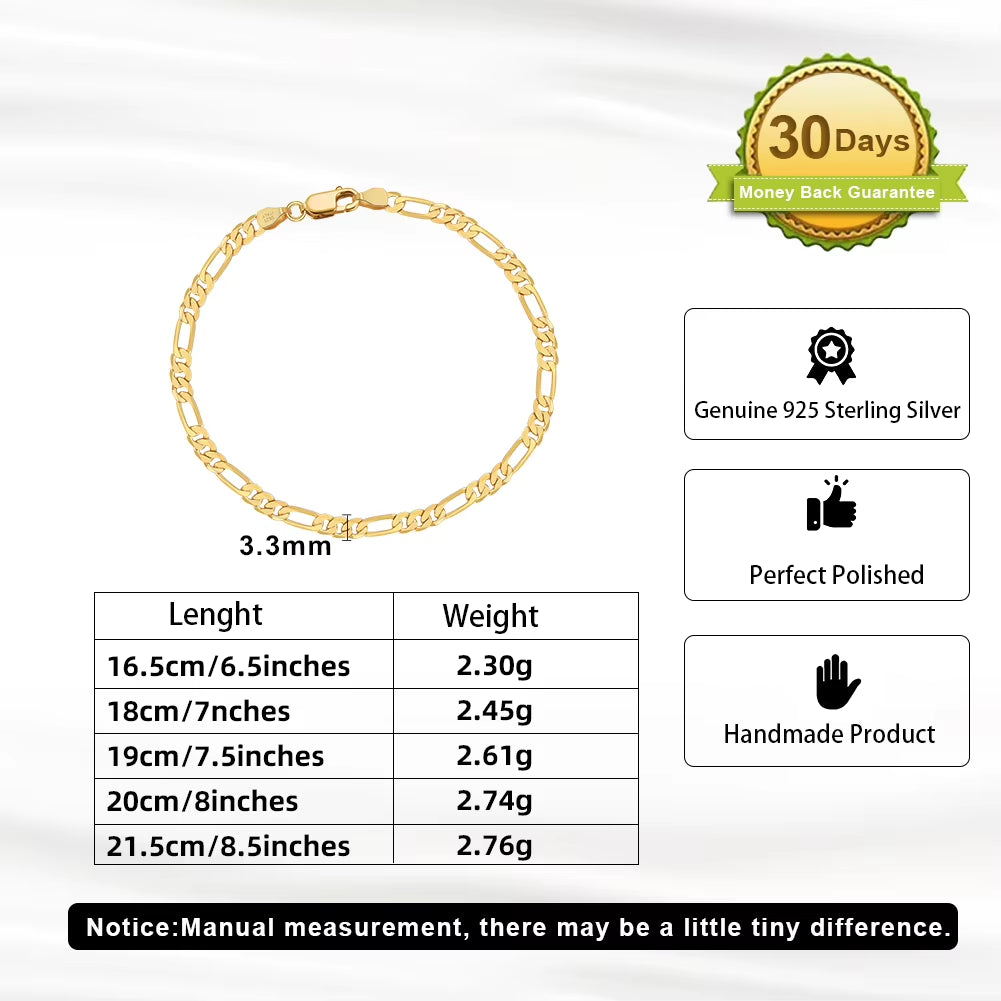 RINNTIN SB66 925 Sterling Silver Jewelry Figaro Chain Bracelet Multiple Width Chunky Bracelets Cuban Link Bracelet for Women Men