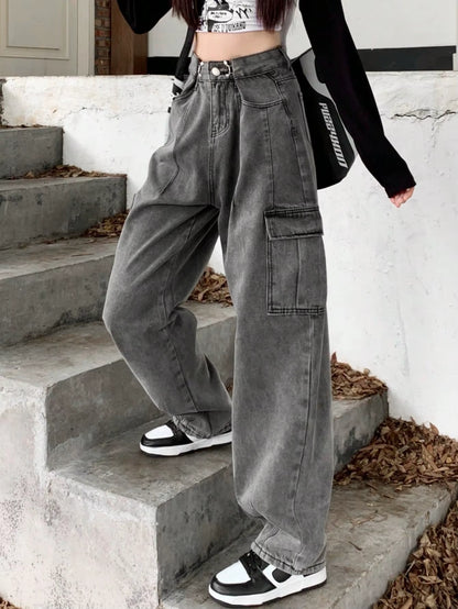 Women'S Mujer De Jean Femm Girls Wide Leg Pocket Barrel Streetwear Jeans Elastic Waist Baggy Pants Loose Cargo Denim Trousers