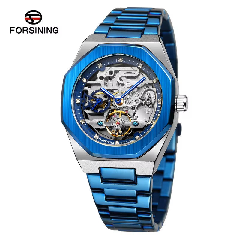 Good Quality Skeleton Style Brushed Case PVD Plating Luxury Stainless Steel Band Fully Automatic Mechanical Watch Custom Logo