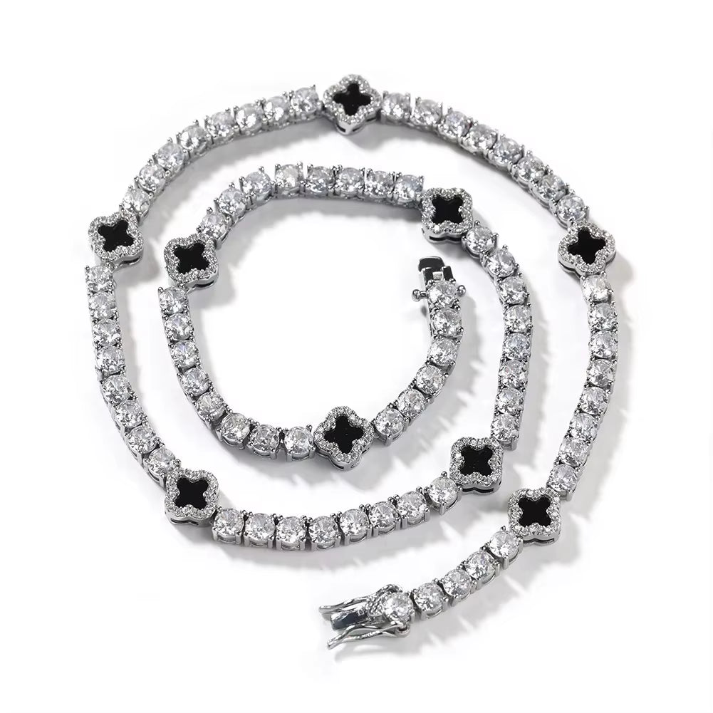 UWIN Mini Pink Clover Tennis Necklace Gold Plated 4 Leaf Clover 4Mm Iced Out Tennis Chain Necklace Fashion Jewelry