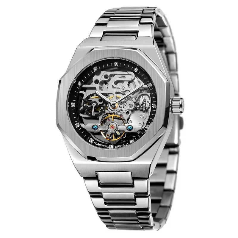 Good Quality Skeleton Style Brushed Case PVD Plating Luxury Stainless Steel Band Fully Automatic Mechanical Watch Custom Logo