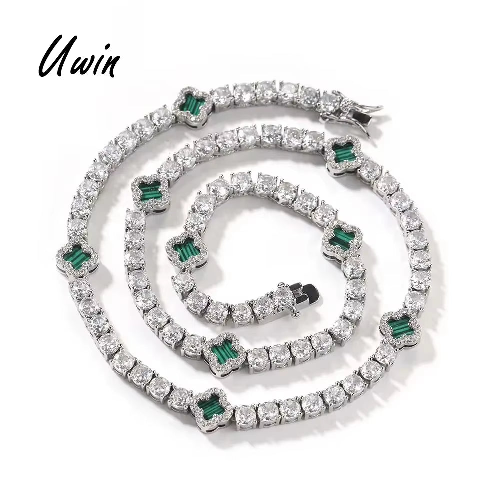 UWIN Mini Pink Clover Tennis Necklace Gold Plated 4 Leaf Clover 4Mm Iced Out Tennis Chain Necklace Fashion Jewelry