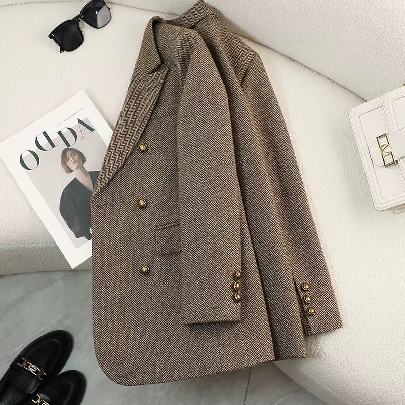 2025 New Arrivals Ladies Tuxedo Blazer Plaid Pattern Winter Coat Double Breasted Business Jacket Button Decoration Knitted Warm