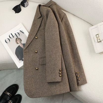 2025 New Arrivals Ladies Tuxedo Blazer Plaid Pattern Winter Coat Double Breasted Business Jacket Button Decoration Knitted Warm