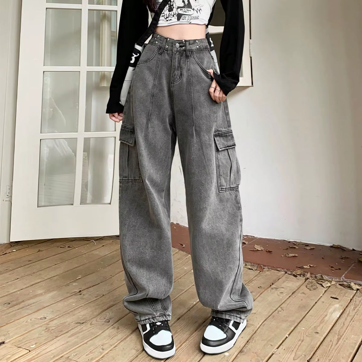 Women'S Mujer De Jean Femm Girls Wide Leg Pocket Barrel Streetwear Jeans Elastic Waist Baggy Pants Loose Cargo Denim Trousers