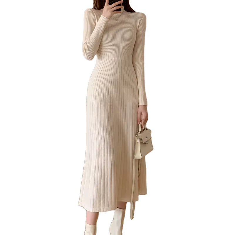 2025 Autumn Winter Mid Sweater Half High Collar A-Line Knitted Dress for Women