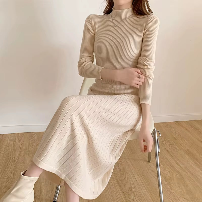 2025 Autumn Winter Mid Sweater Half High Collar A-Line Knitted Dress for Women