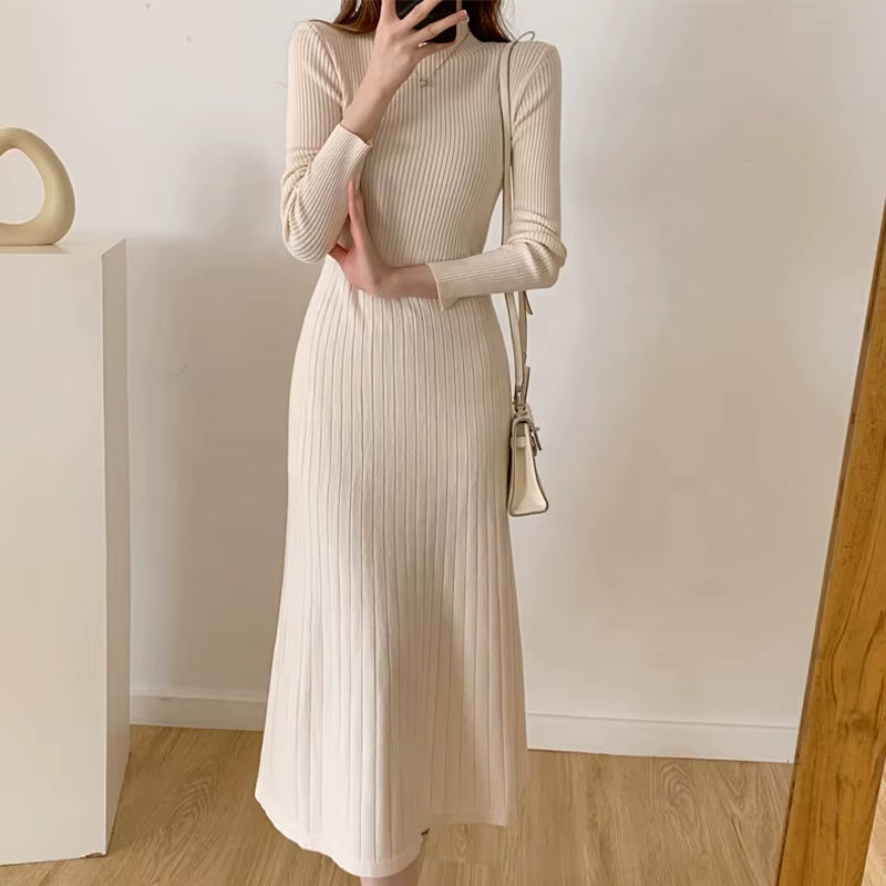 2025 Autumn Winter Mid Sweater Half High Collar A-Line Knitted Dress for Women