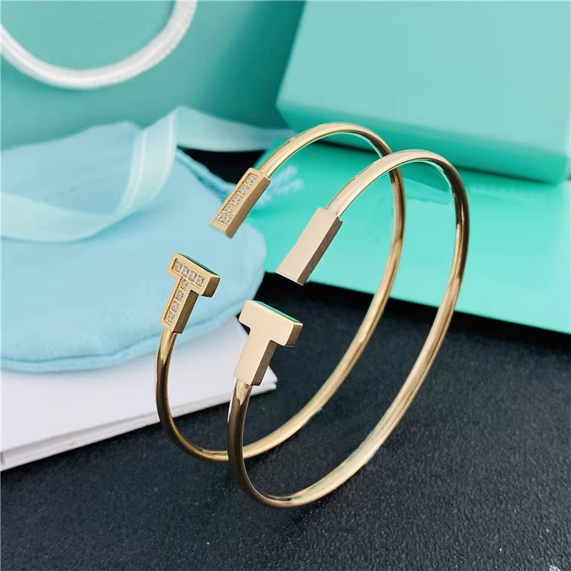 Custom Wholesale Double T Bracelet Jewelry Women Adjustable Open AAA Brass Zircon CZ Bangles 18K Gold Plated Cuff Coil Bracelets