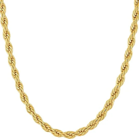 5Mm Rope Chain Necklace 24K Real Gold Plated- Women and Men (36 Inches)