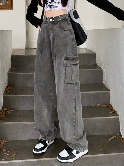 Women'S Mujer De Jean Femm Girls Wide Leg Pocket Barrel Streetwear Jeans Elastic Waist Baggy Pants Loose Cargo Denim Trousers