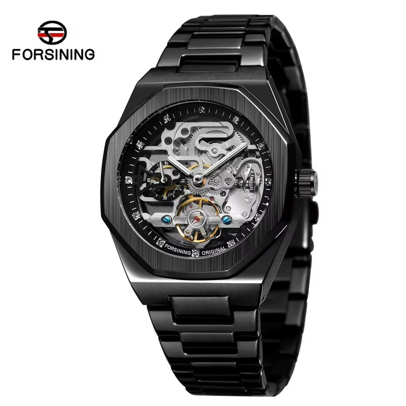 Good Quality Skeleton Style Brushed Case PVD Plating Luxury Stainless Steel Band Fully Automatic Mechanical Watch Custom Logo