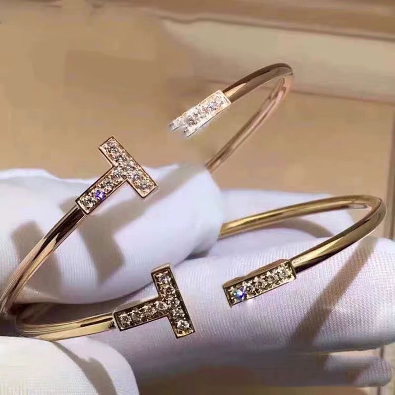 Custom Wholesale Double T Bracelet Jewelry Women Adjustable Open AAA Brass Zircon CZ Bangles 18K Gold Plated Cuff Coil Bracelets