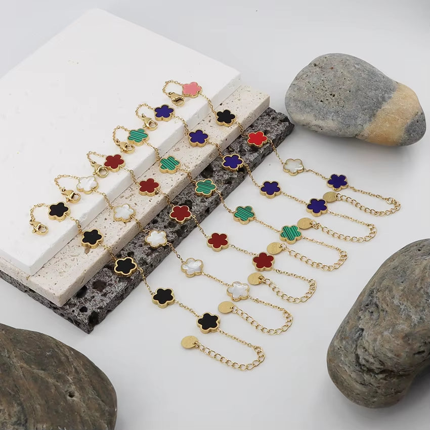 Tarnish Free Waterproof 18K Gold Plated Stainless Steel Five-Leaf Clover Shell Adjustable Women Fashion Jewelry Bracelets