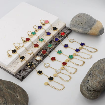 Tarnish Free Waterproof 18K Gold Plated Stainless Steel Five-Leaf Clover Shell Adjustable Women Fashion Jewelry Bracelets