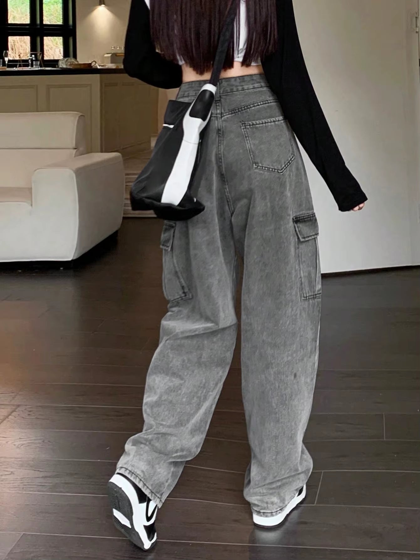 Women'S Mujer De Jean Femm Girls Wide Leg Pocket Barrel Streetwear Jeans Elastic Waist Baggy Pants Loose Cargo Denim Trousers