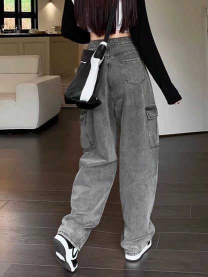 Women'S Mujer De Jean Femm Girls Wide Leg Pocket Barrel Streetwear Jeans Elastic Waist Baggy Pants Loose Cargo Denim Trousers