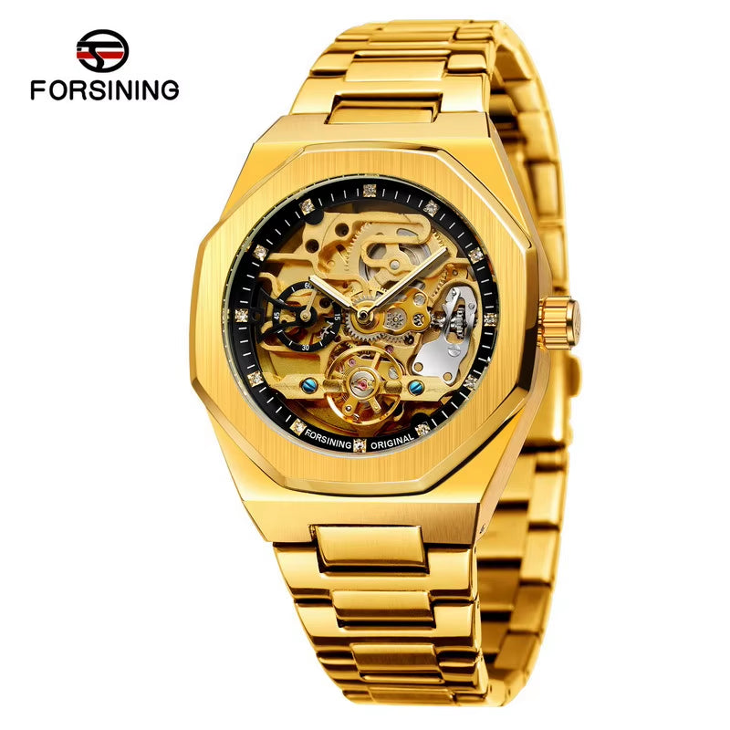 Good Quality Skeleton Style Brushed Case PVD Plating Luxury Stainless Steel Band Fully Automatic Mechanical Watch Custom Logo