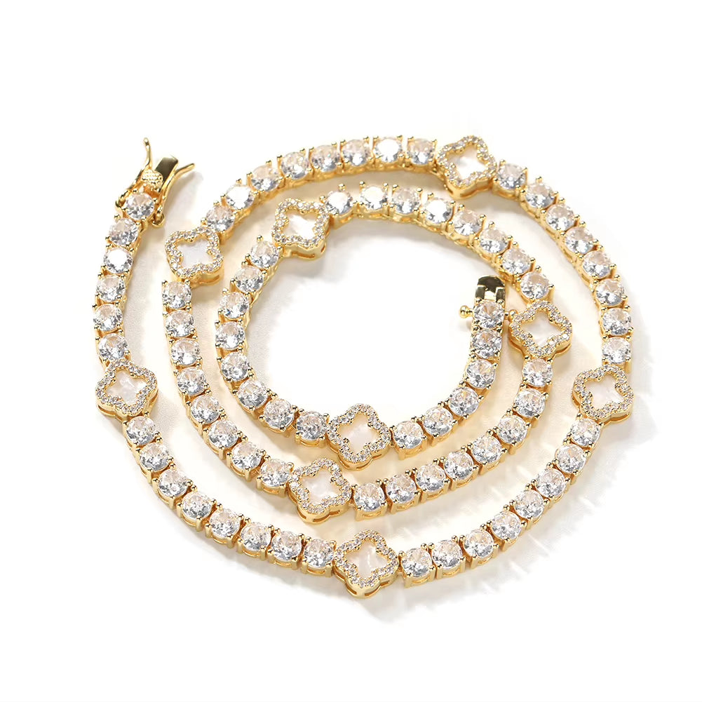 UWIN Mini Pink Clover Tennis Necklace Gold Plated 4 Leaf Clover 4Mm Iced Out Tennis Chain Necklace Fashion Jewelry