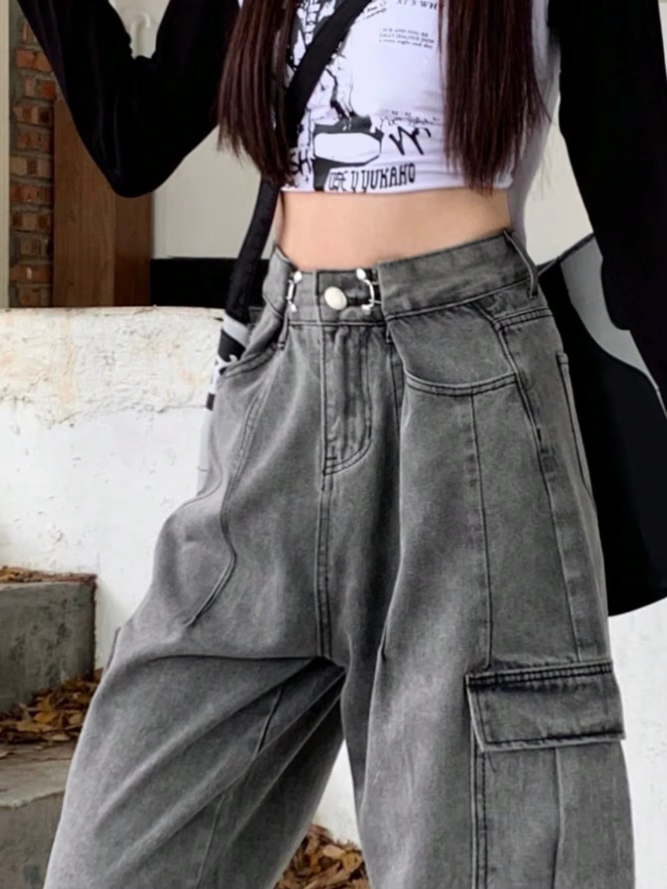 Women'S Mujer De Jean Femm Girls Wide Leg Pocket Barrel Streetwear Jeans Elastic Waist Baggy Pants Loose Cargo Denim Trousers