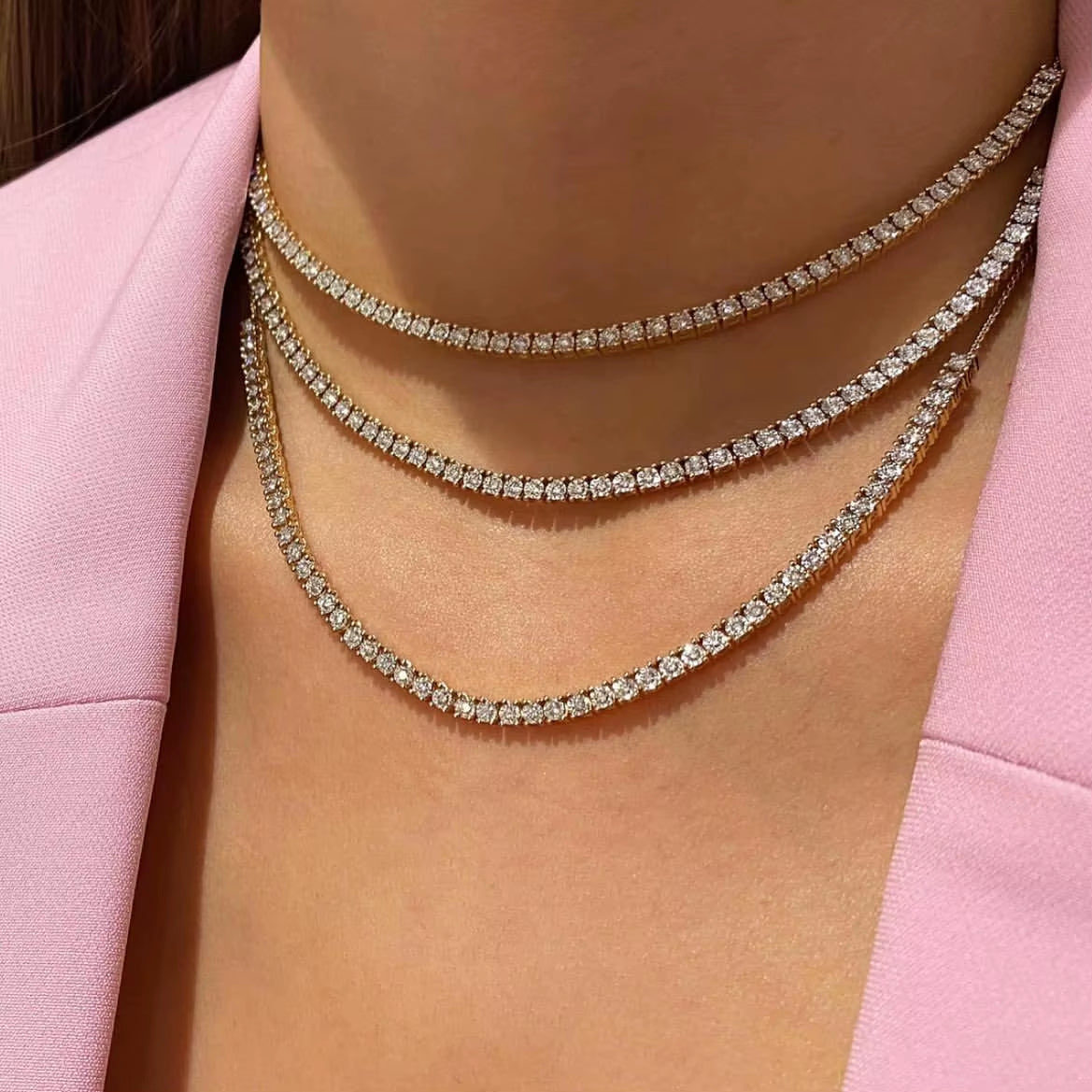 Wholesale Women Jewelry Accessories Fashion Iced Out Tennis Chain Custom Brass Zircon Diamond Hip Hop Jewelry CZ Tennis Necklace