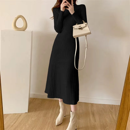 2025 Autumn Winter Mid Sweater Half High Collar A-Line Knitted Dress for Women