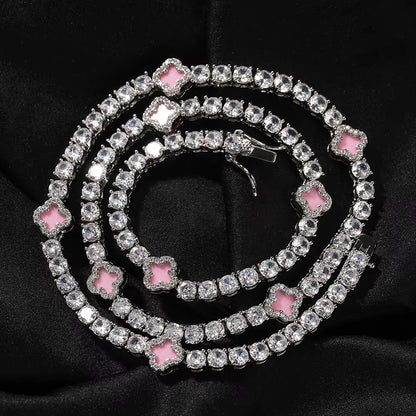 UWIN Mini Pink Clover Tennis Necklace Gold Plated 4 Leaf Clover 4Mm Iced Out Tennis Chain Necklace Fashion Jewelry