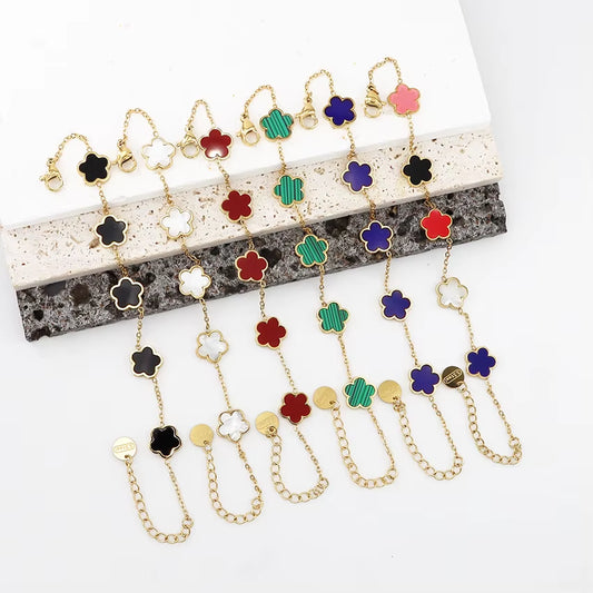 Tarnish Free Waterproof 18K Gold Plated Stainless Steel Five-Leaf Clover Shell Adjustable Women Fashion Jewelry Bracelets