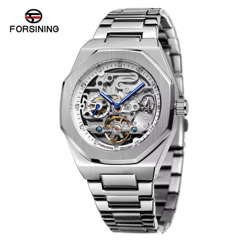 Good Quality Skeleton Style Brushed Case PVD Plating Luxury Stainless Steel Band Fully Automatic Mechanical Watch Custom Logo