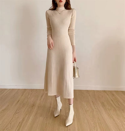 2025 Autumn Winter Mid Sweater Half High Collar A-Line Knitted Dress for Women
