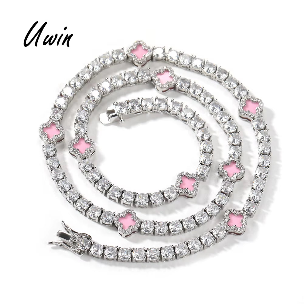 UWIN Mini Pink Clover Tennis Necklace Gold Plated 4 Leaf Clover 4Mm Iced Out Tennis Chain Necklace Fashion Jewelry