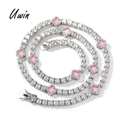UWIN Mini Pink Clover Tennis Necklace Gold Plated 4 Leaf Clover 4Mm Iced Out Tennis Chain Necklace Fashion Jewelry