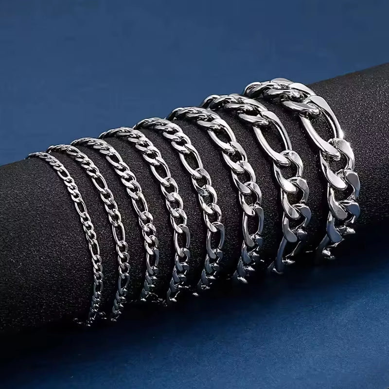 RINNTIN SB66 925 Sterling Silver Jewelry Figaro Chain Bracelet Multiple Width Chunky Bracelets Cuban Link Bracelet for Women Men
