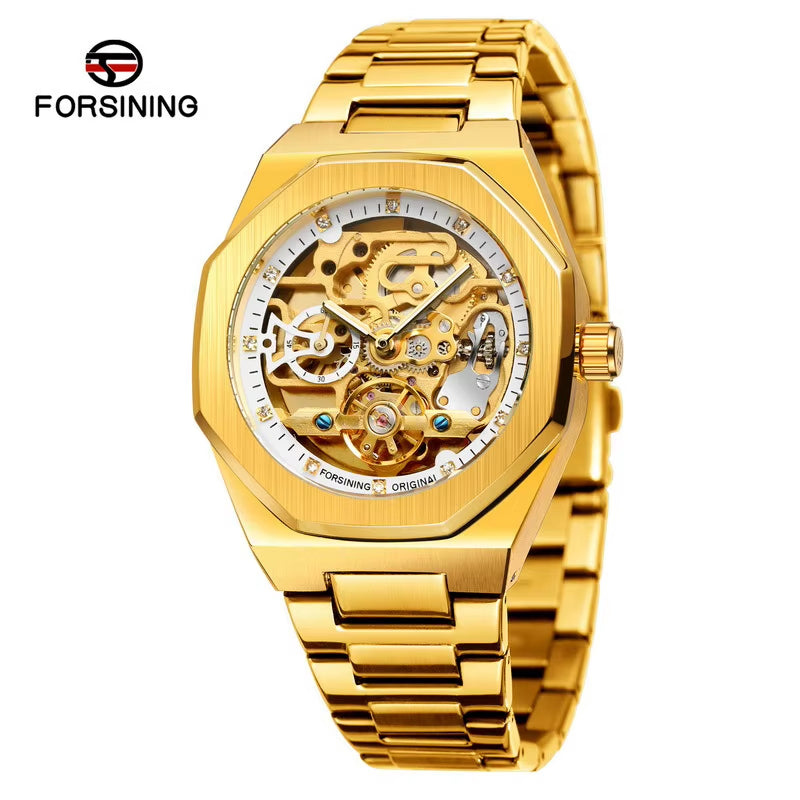 Good Quality Skeleton Style Brushed Case PVD Plating Luxury Stainless Steel Band Fully Automatic Mechanical Watch Custom Logo