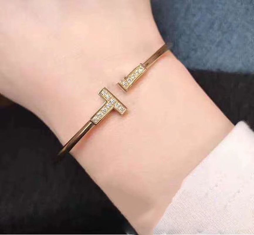 Custom Wholesale Double T Bracelet Jewelry Women Adjustable Open AAA Brass Zircon CZ Bangles 18K Gold Plated Cuff Coil Bracelets