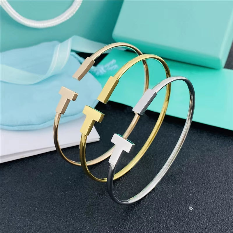 Custom Wholesale Double T Bracelet Jewelry Women Adjustable Open AAA Brass Zircon CZ Bangles 18K Gold Plated Cuff Coil Bracelets