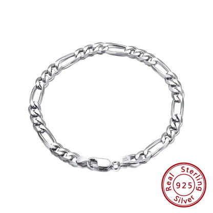 RINNTIN SB66 925 Sterling Silver Jewelry Figaro Chain Bracelet Multiple Width Chunky Bracelets Cuban Link Bracelet for Women Men