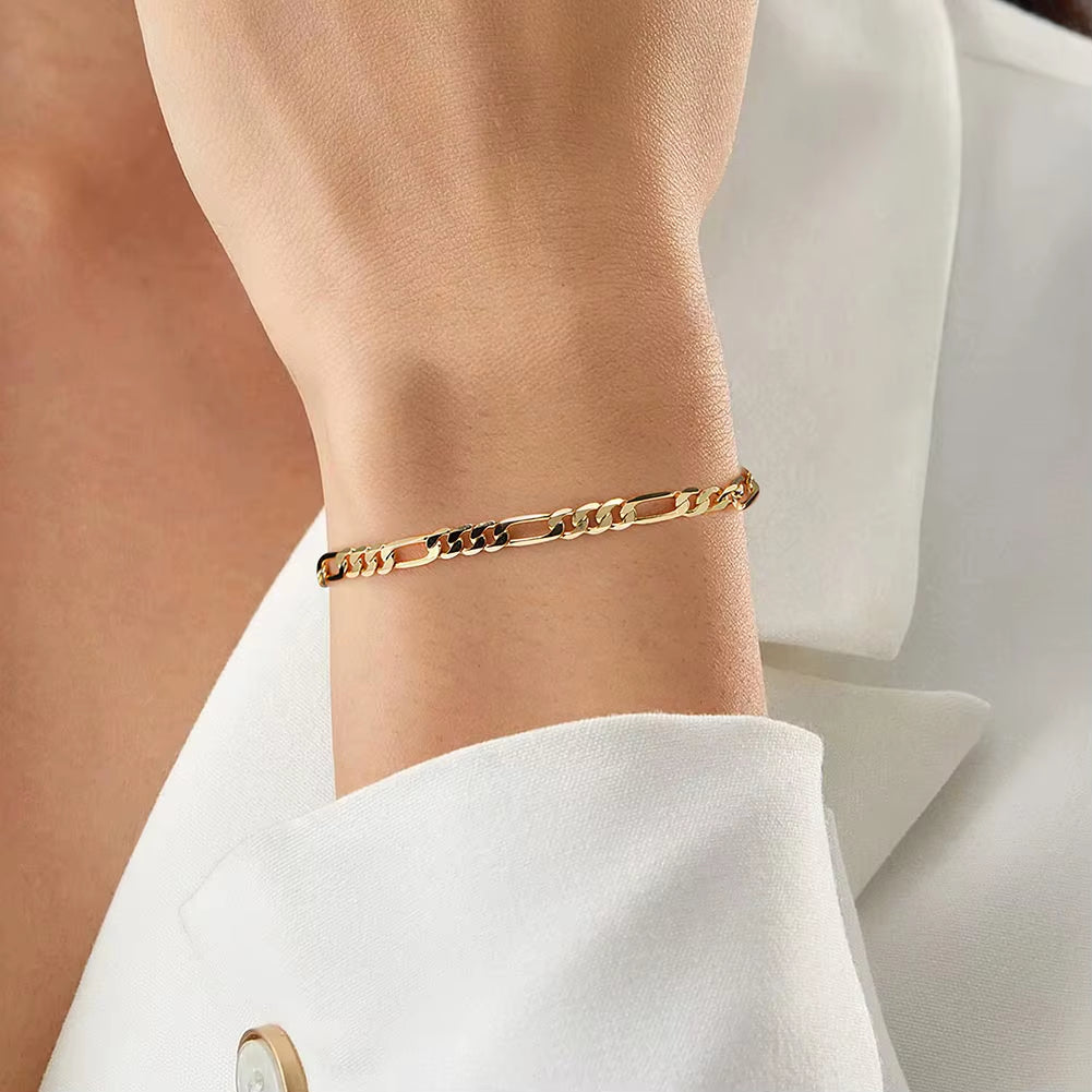 RINNTIN SB66 925 Sterling Silver Jewelry Figaro Chain Bracelet Multiple Width Chunky Bracelets Cuban Link Bracelet for Women Men