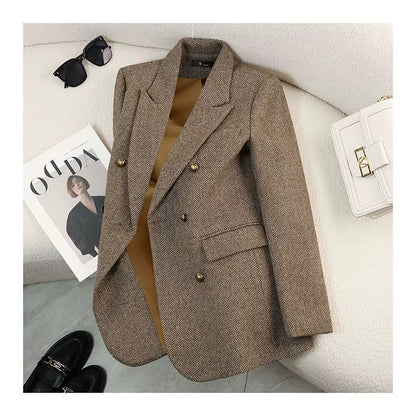 2025 New Arrivals Ladies Tuxedo Blazer Plaid Pattern Winter Coat Double Breasted Business Jacket Button Decoration Knitted Warm