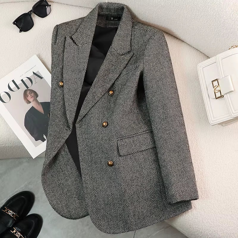 2025 New Arrivals Ladies Tuxedo Blazer Plaid Pattern Winter Coat Double Breasted Business Jacket Button Decoration Knitted Warm