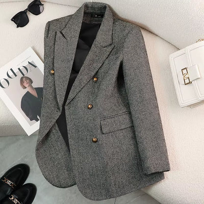 2025 New Arrivals Ladies Tuxedo Blazer Plaid Pattern Winter Coat Double Breasted Business Jacket Button Decoration Knitted Warm