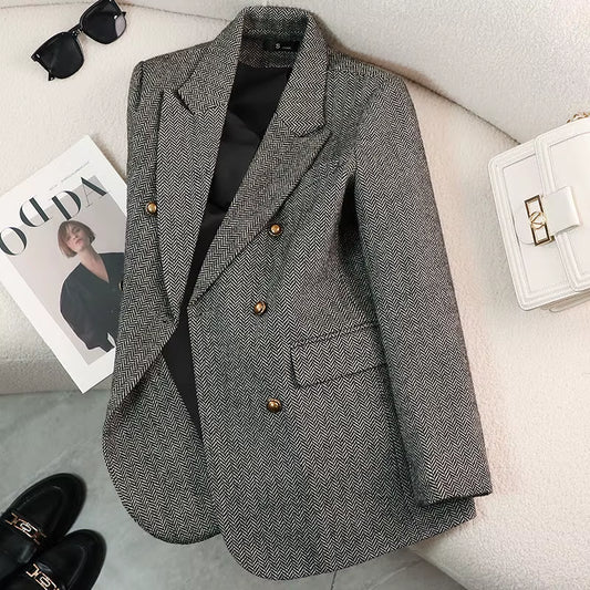 2025 New Arrivals Ladies Tuxedo Blazer Plaid Pattern Winter Coat Double Breasted Business Jacket Button Decoration Knitted Warm